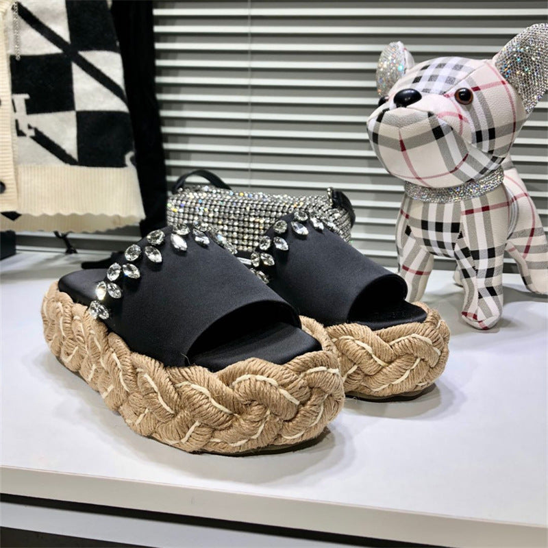 Women's Rhinestone Hemp Rope Straw Woven Thick Sole Slippers