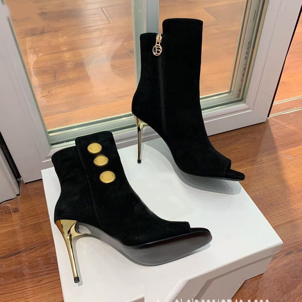Fish Mouth Ankle Boots - Metal Buckle, 10.5cm Heel