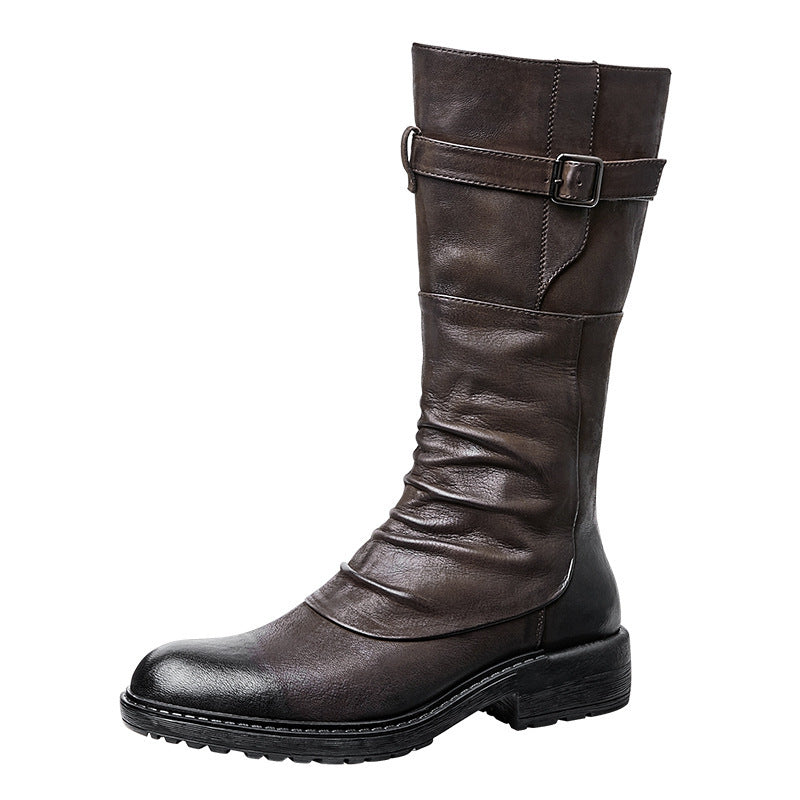 Men's High Top Platform Biker Boots, Side Zip, Black/Brown