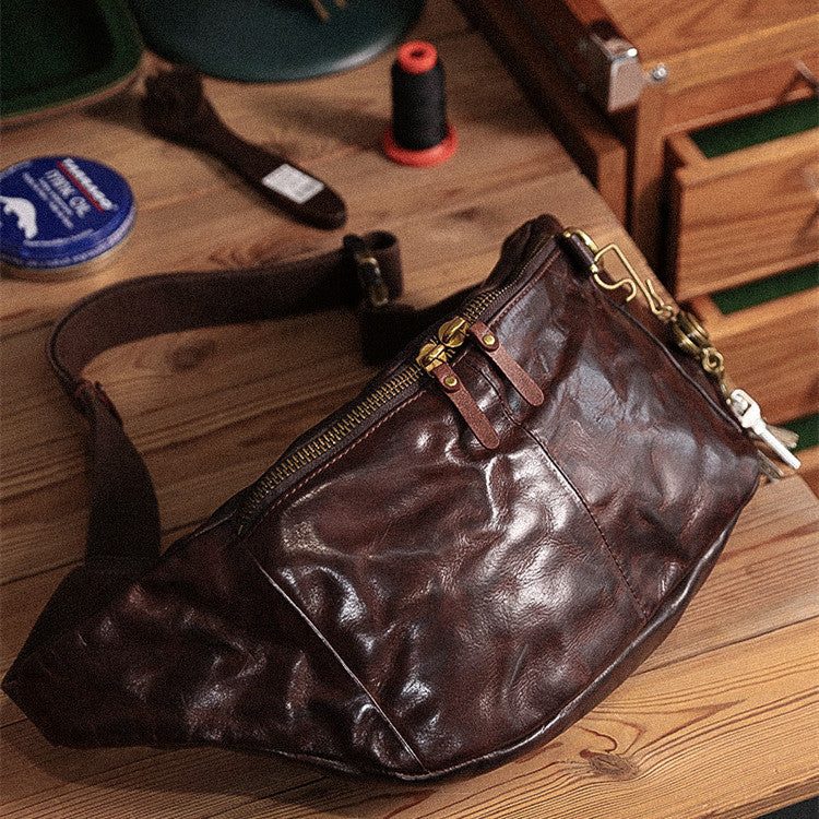 Men's Vintage Leather Waist Bag - Coffee & Black
