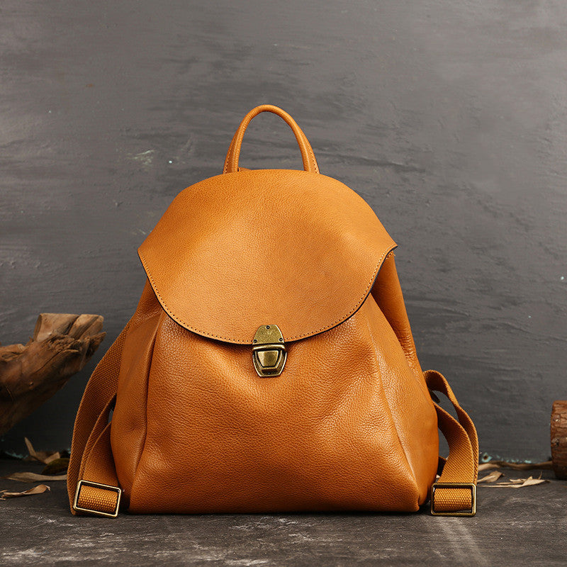 Women’s Vintage Leather Casual Backpack - Brown/Black