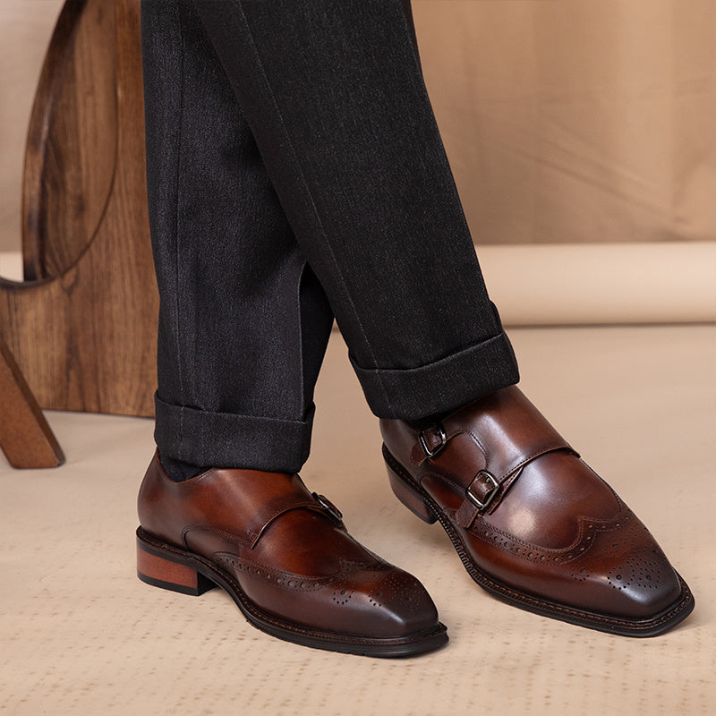 British Leisure Leather Shoes, Square Toe, Buckle