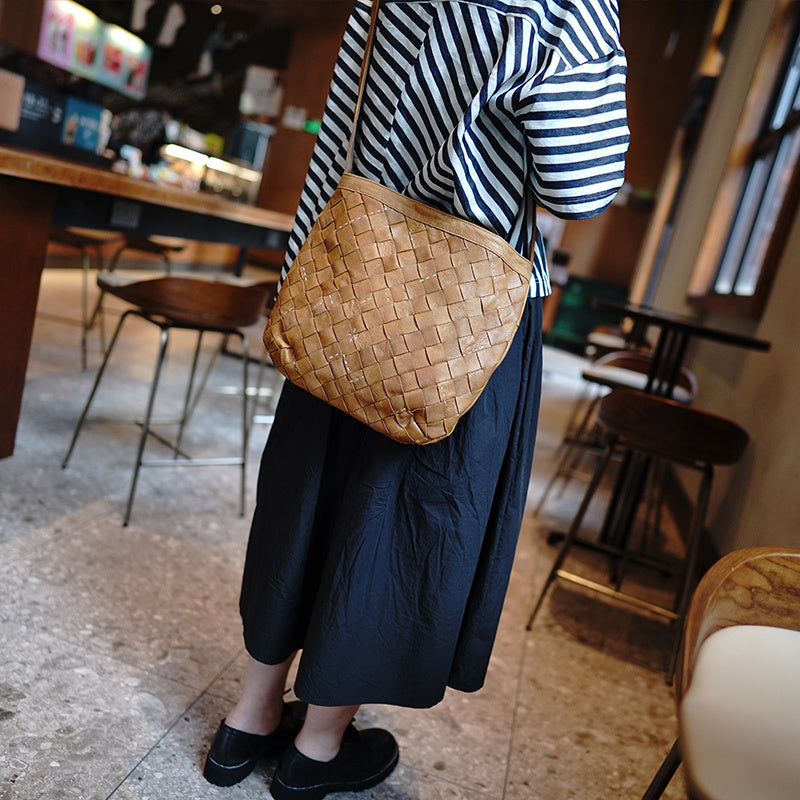 Large Earthy Yellow Cowhide Bucket Bag - Woven Detail