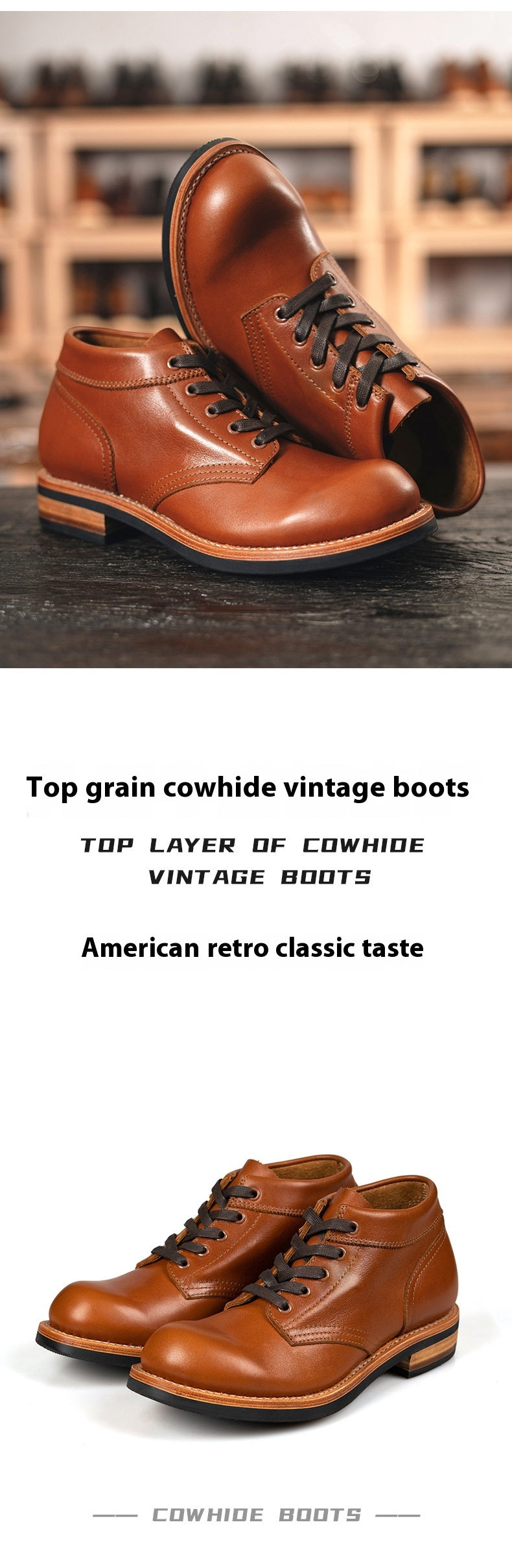 Men's Leather Low-Top Round Toe Tooling Casual Boots