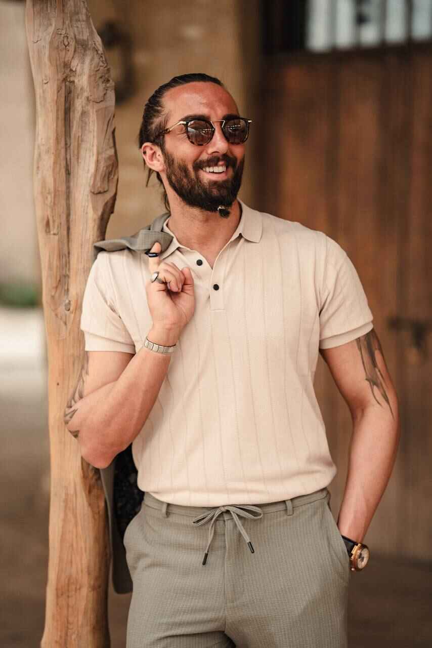 Men's Light Beige Knit Polo Shirt