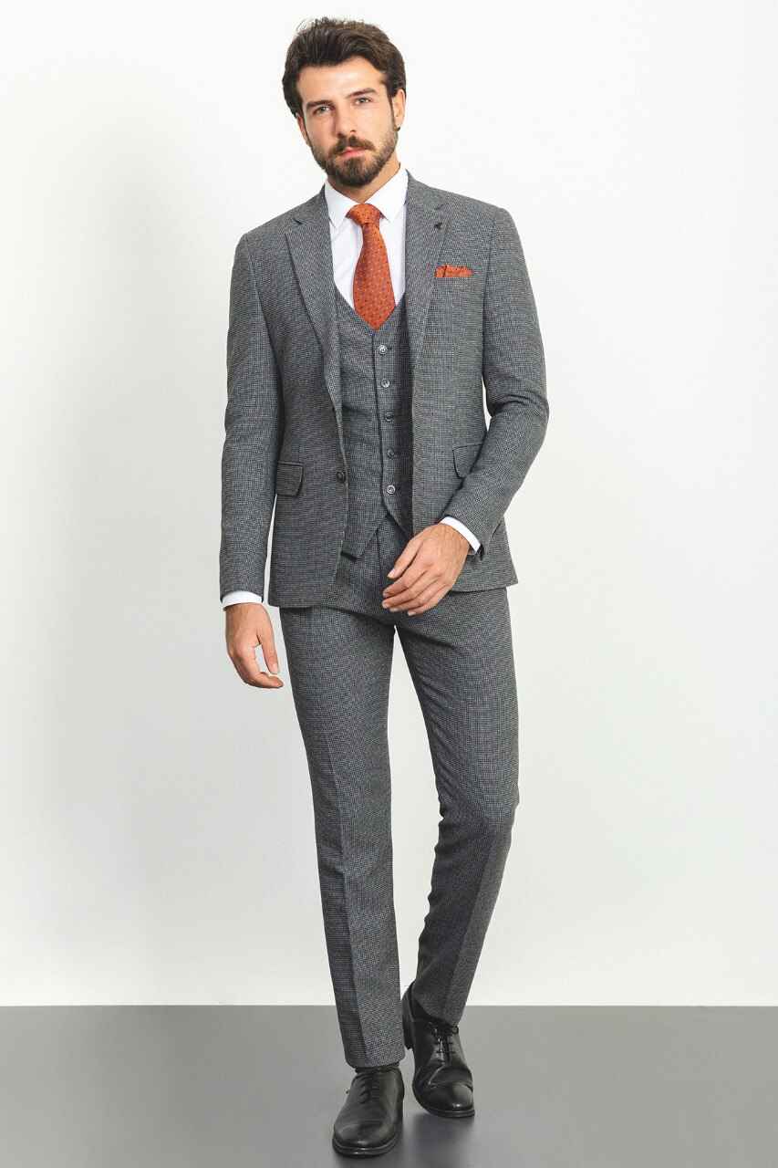 Dark Gray Textured Slim Fit Three-Piece Suit
