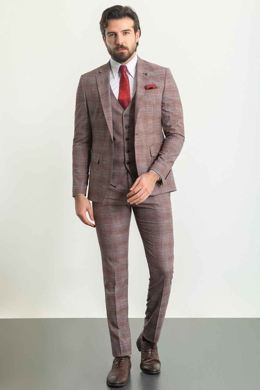 Burgundy Check Slim Fit Three-Piece Suit