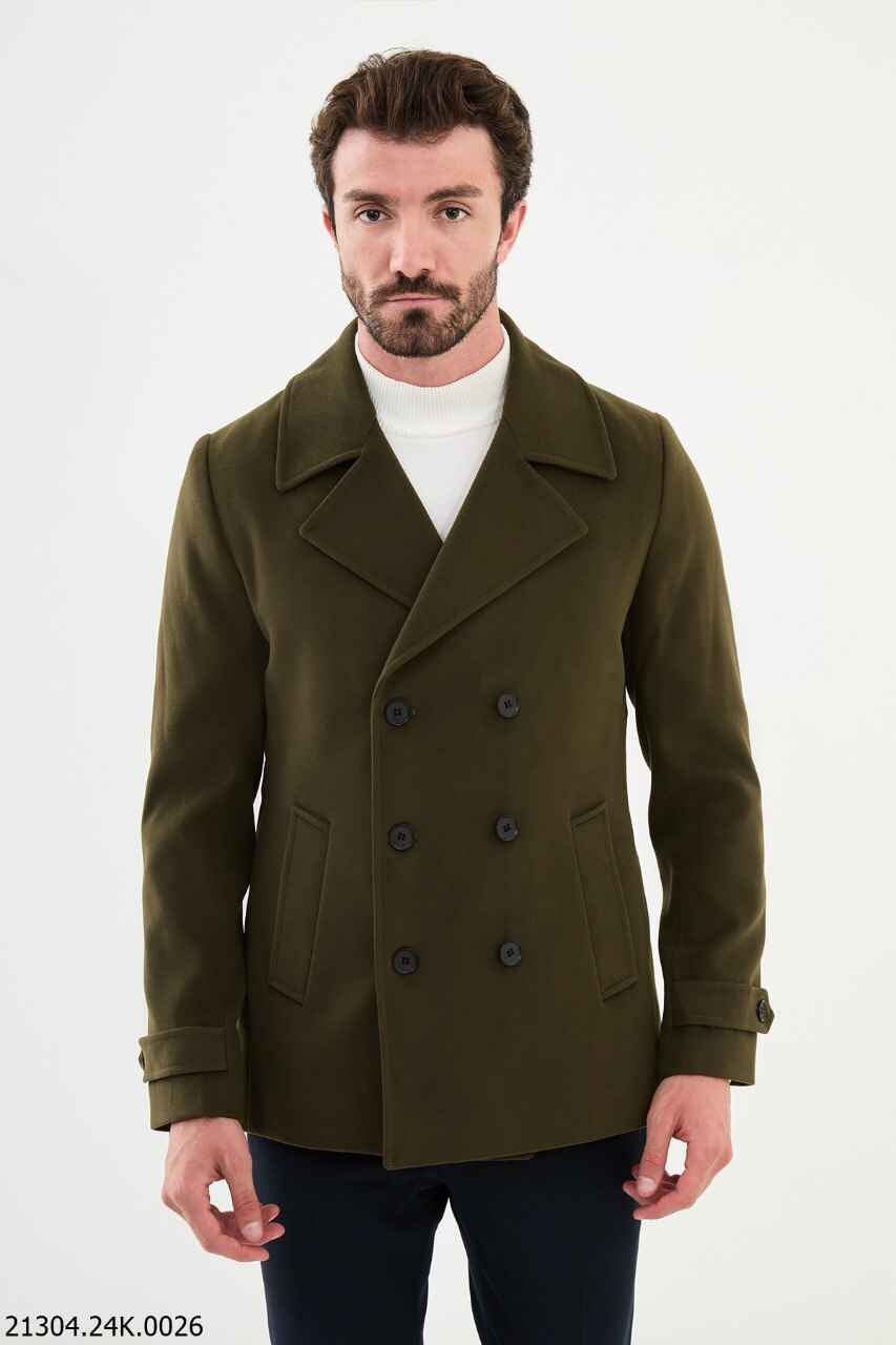 Olive Green Point Collar Wool Blend Coat