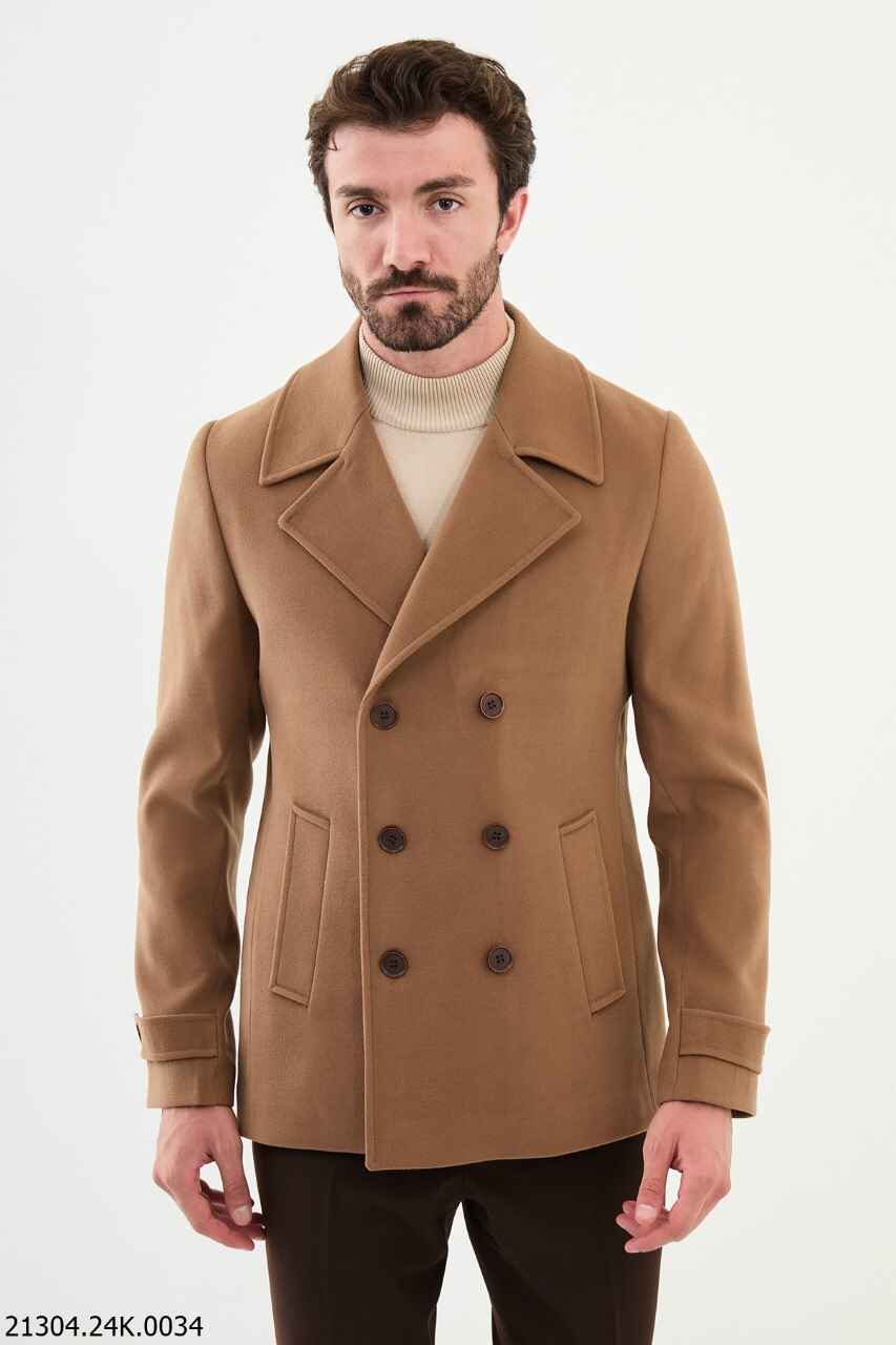 Tan Point Collar Cotton Blend Coat