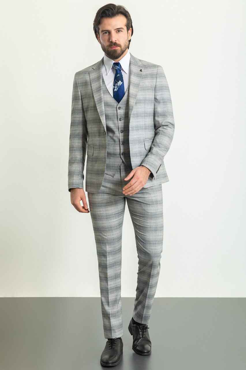 Grey & Blue Check Slim Fit Three-Piece Suit