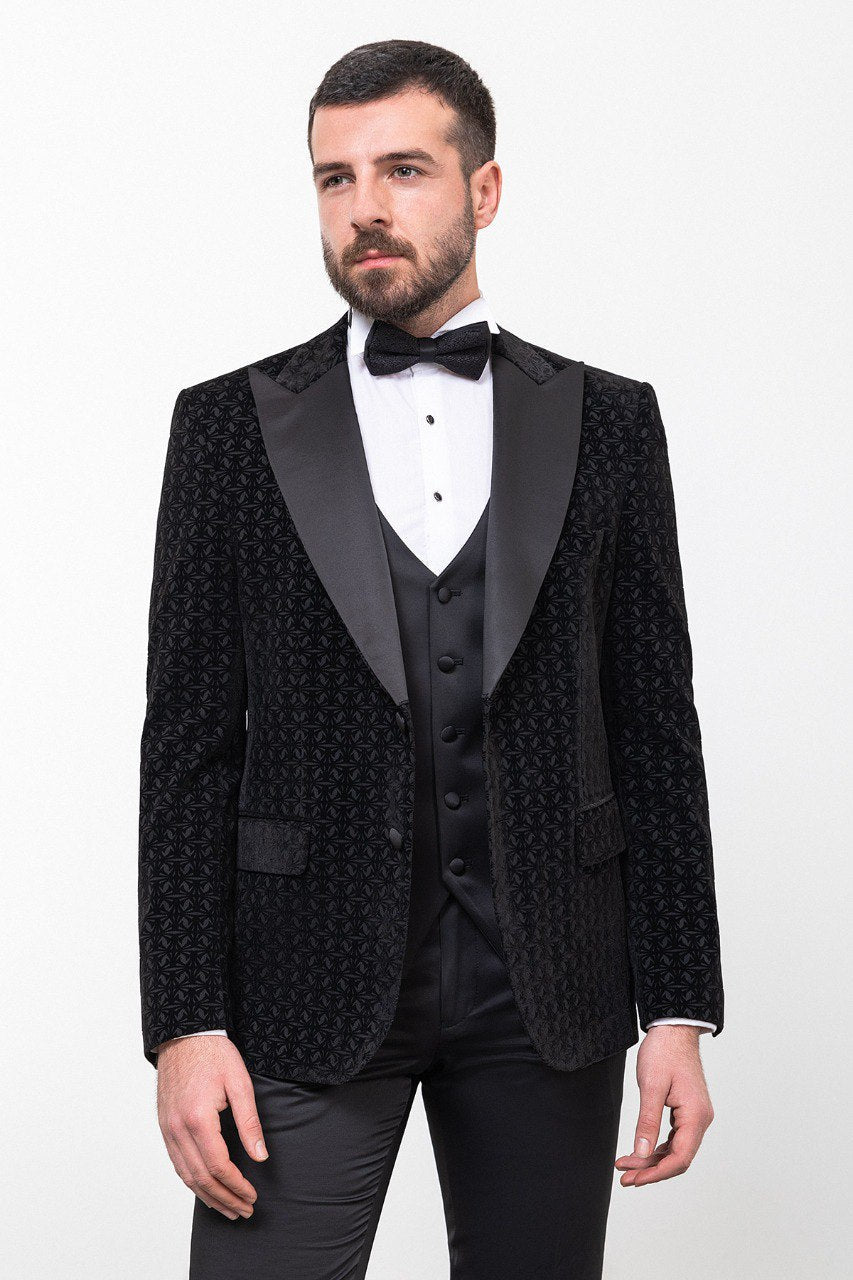 Black Patterned Slim Fit Tuxedo with Vest