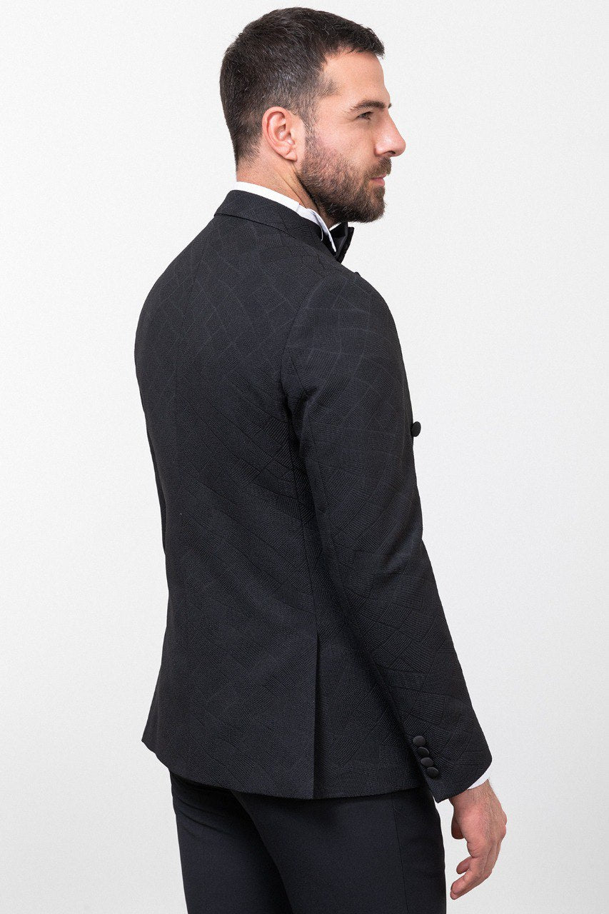 Black Patterned Double-Breasted Slim Fit Tuxedo