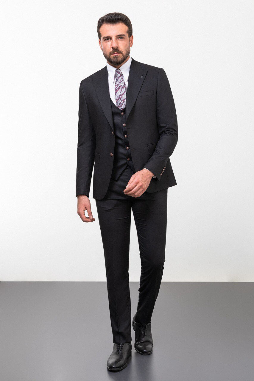 Black Textured Slim Fit Three-Piece Suit