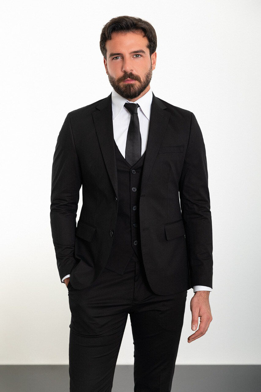 Black Modern Slim Fit Three-Piece Suit