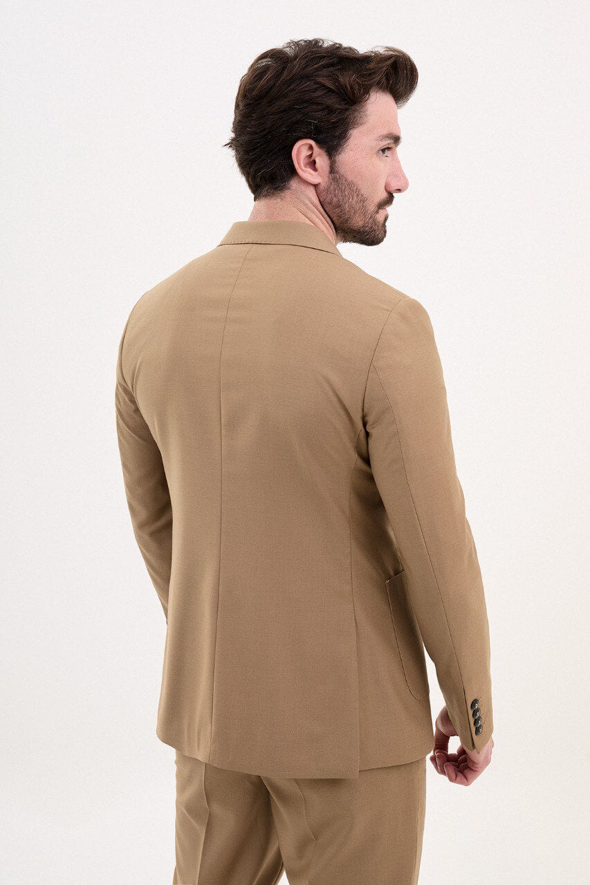 Camel Double-Breasted Casual Slim Fit Two-Piece Suit