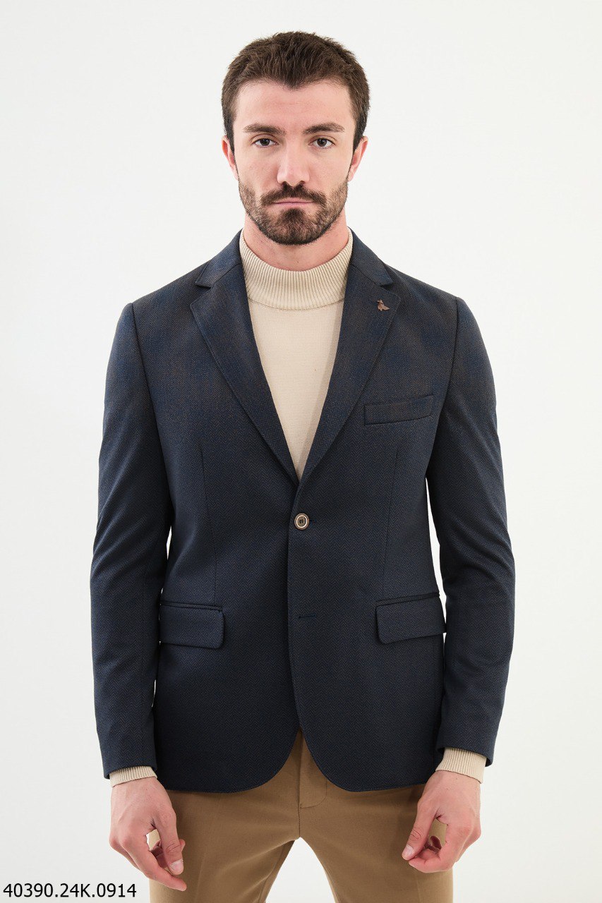 Navy Blue Slim Fit Notch Lapel Check Wool Blazer