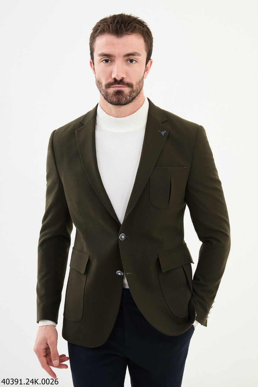 Khaki Green Slim Fit Two-Button Casual Jacket