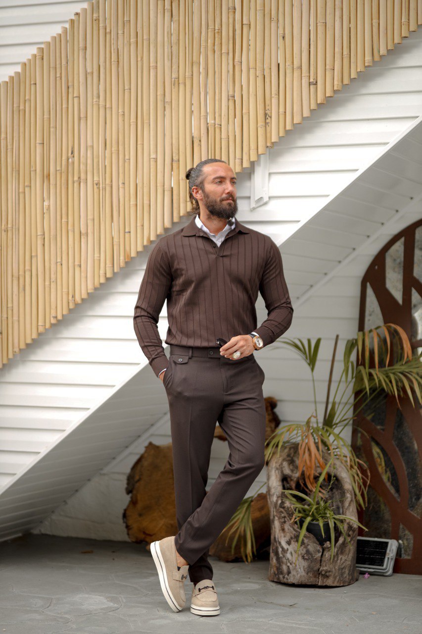Men's Brown Ribbed Knit Polo Sweater - Long Sleeve