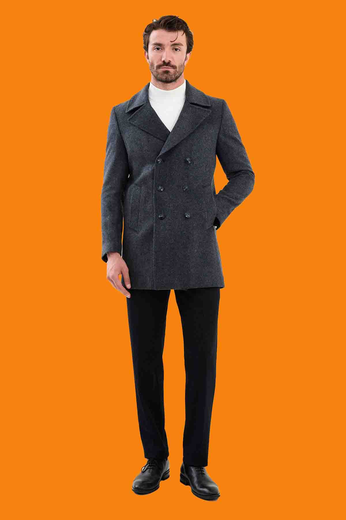 Men's Slim Fit Double Breasted Pea Coat - Dark Gray