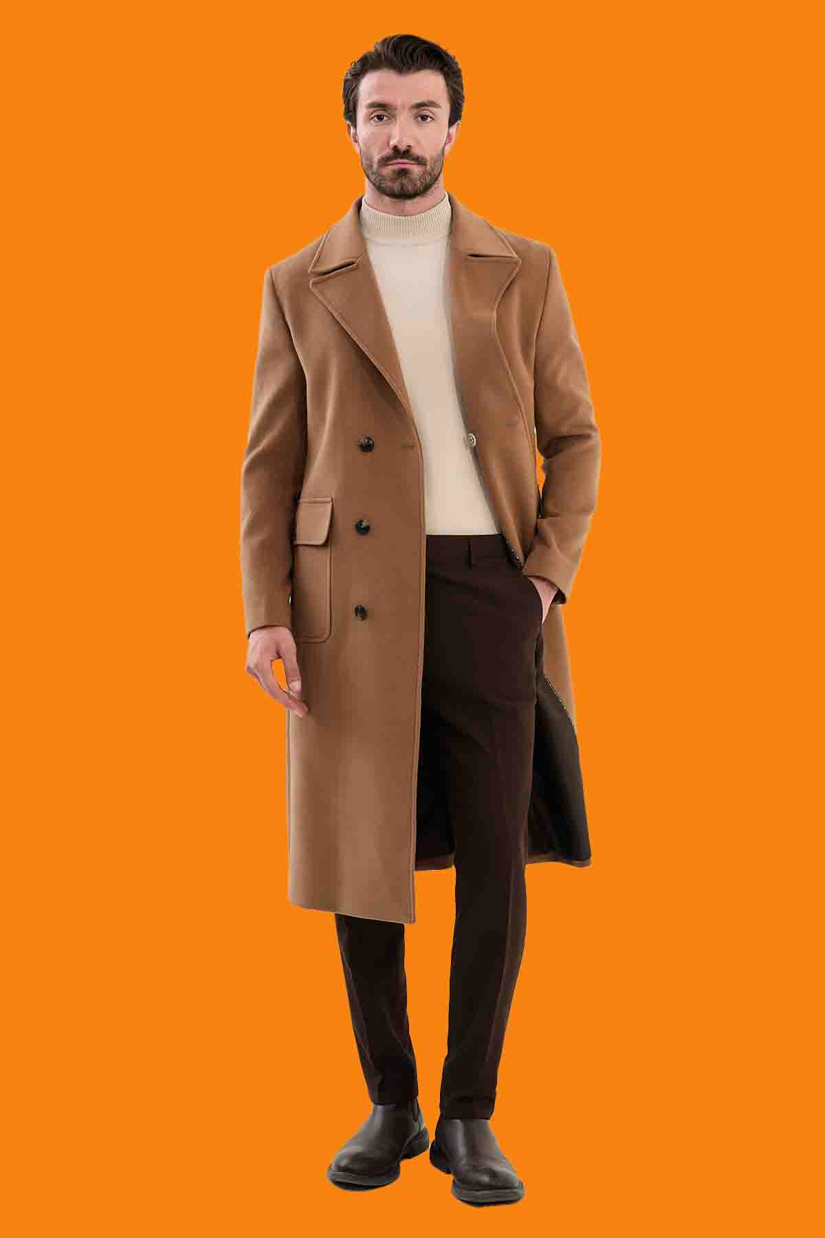 Men's Camel Slim Fit Double Breasted Wool-Blend Coat