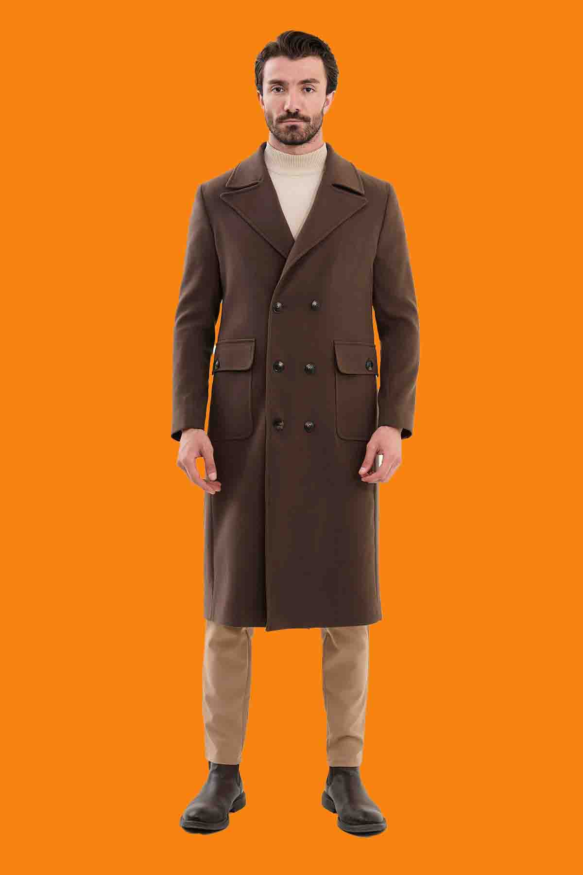 Men's Brown Slim Fit Double Breasted Long Winter Coat