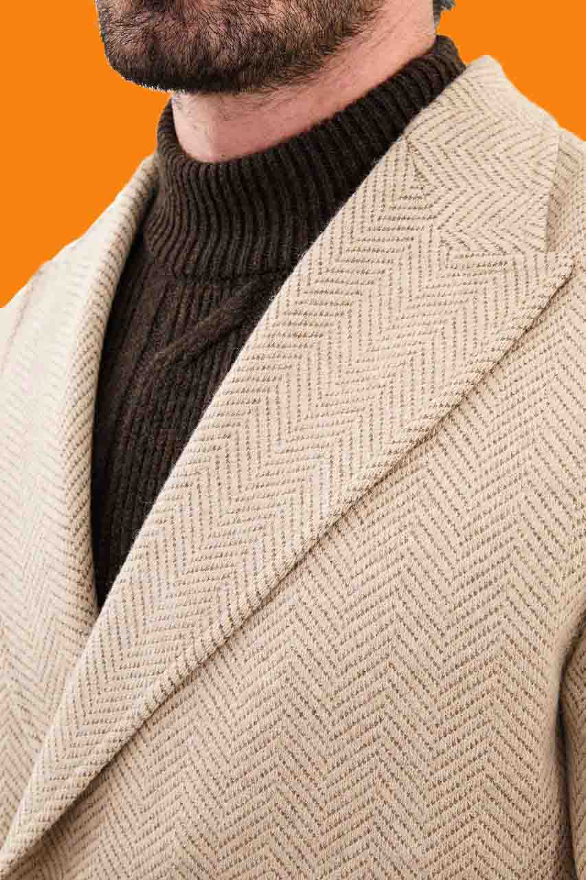 Men's Beige Herringbone Slim Double Breasted Coat
