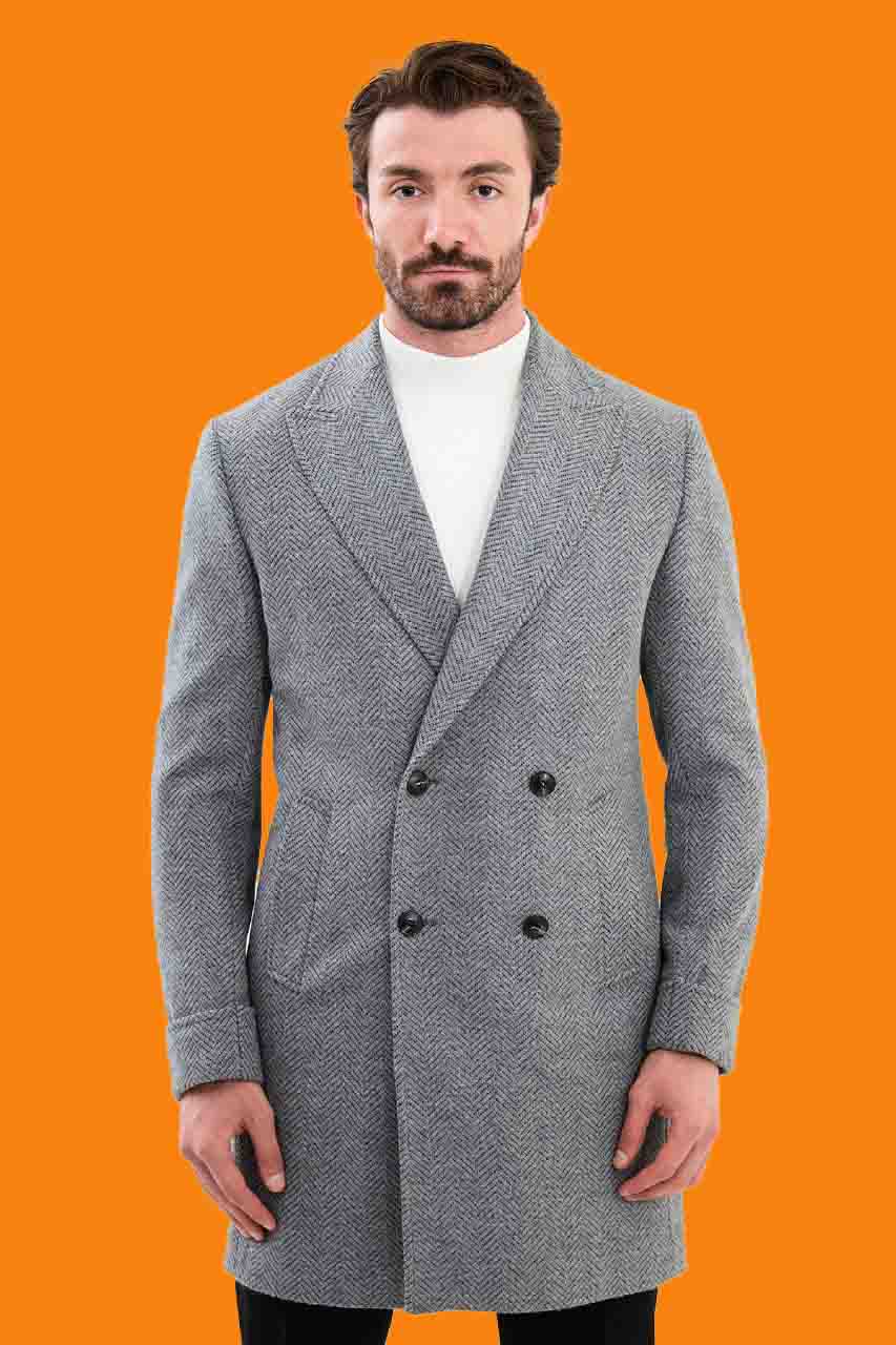 Men's Gray Herringbone Slim Fit Double Breasted Coat