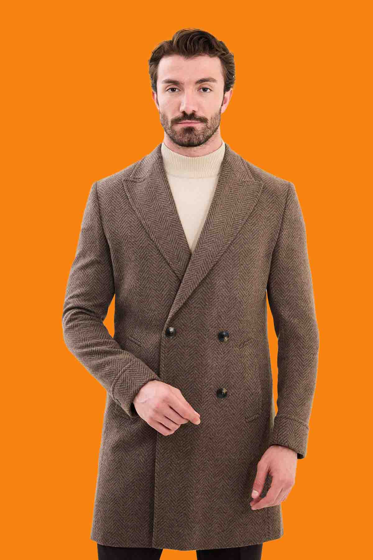 Men's Brown Herringbone Slim Double Breasted Coat