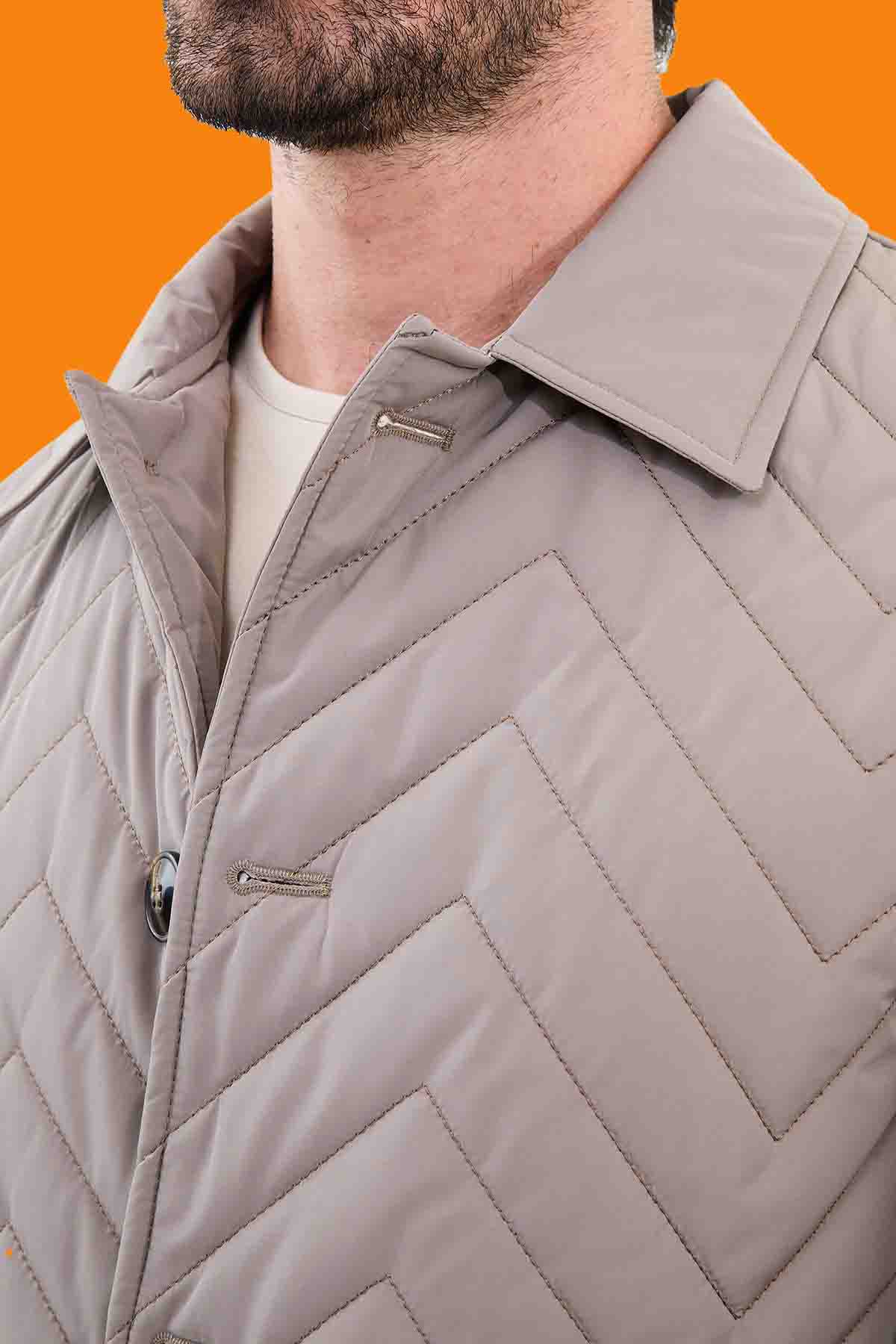 Men's Beige Slim Quilted Car Coat - Herringbone