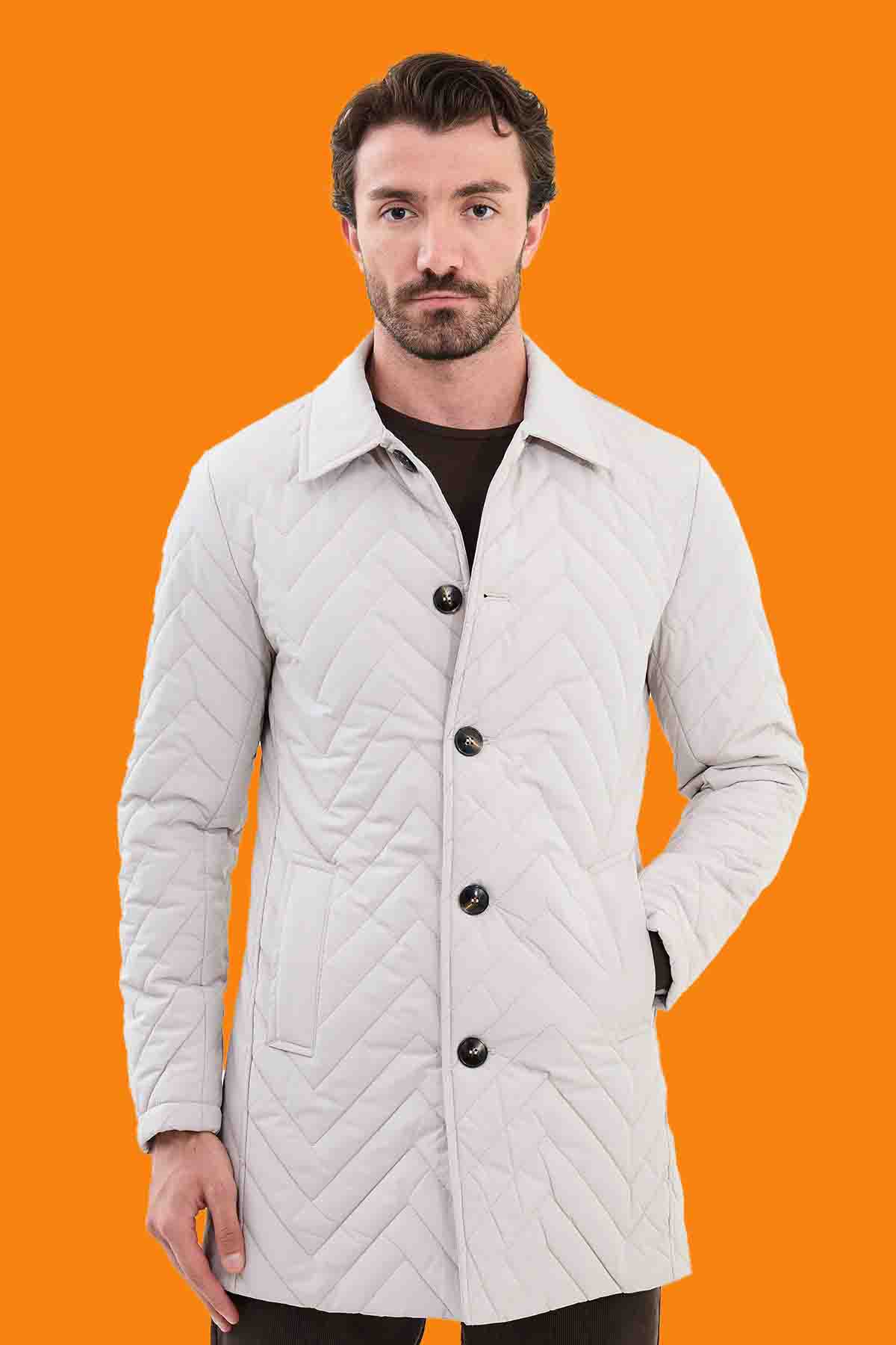 Men's Ecru Slim Fit Quilted Car Coat - Chevron