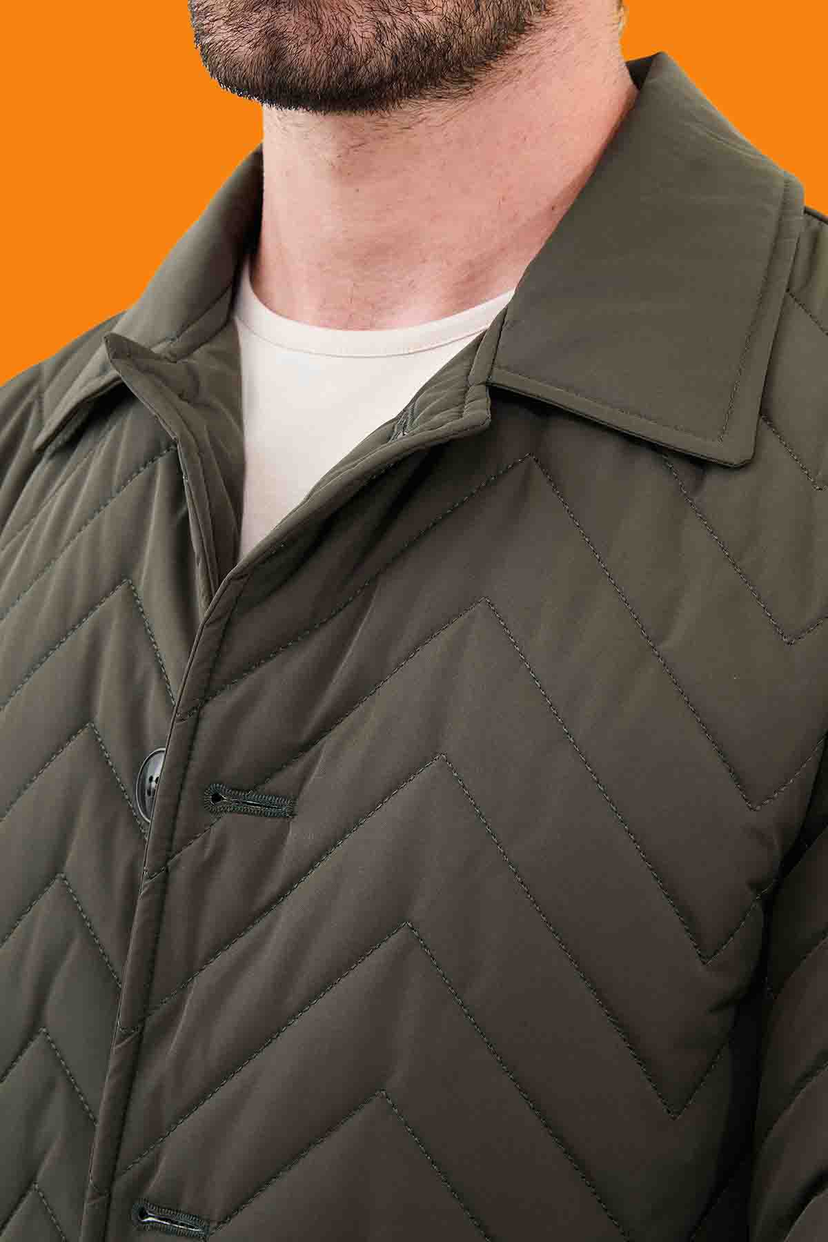 Men's Olive Green Slim Quilted Car Coat - Chevron