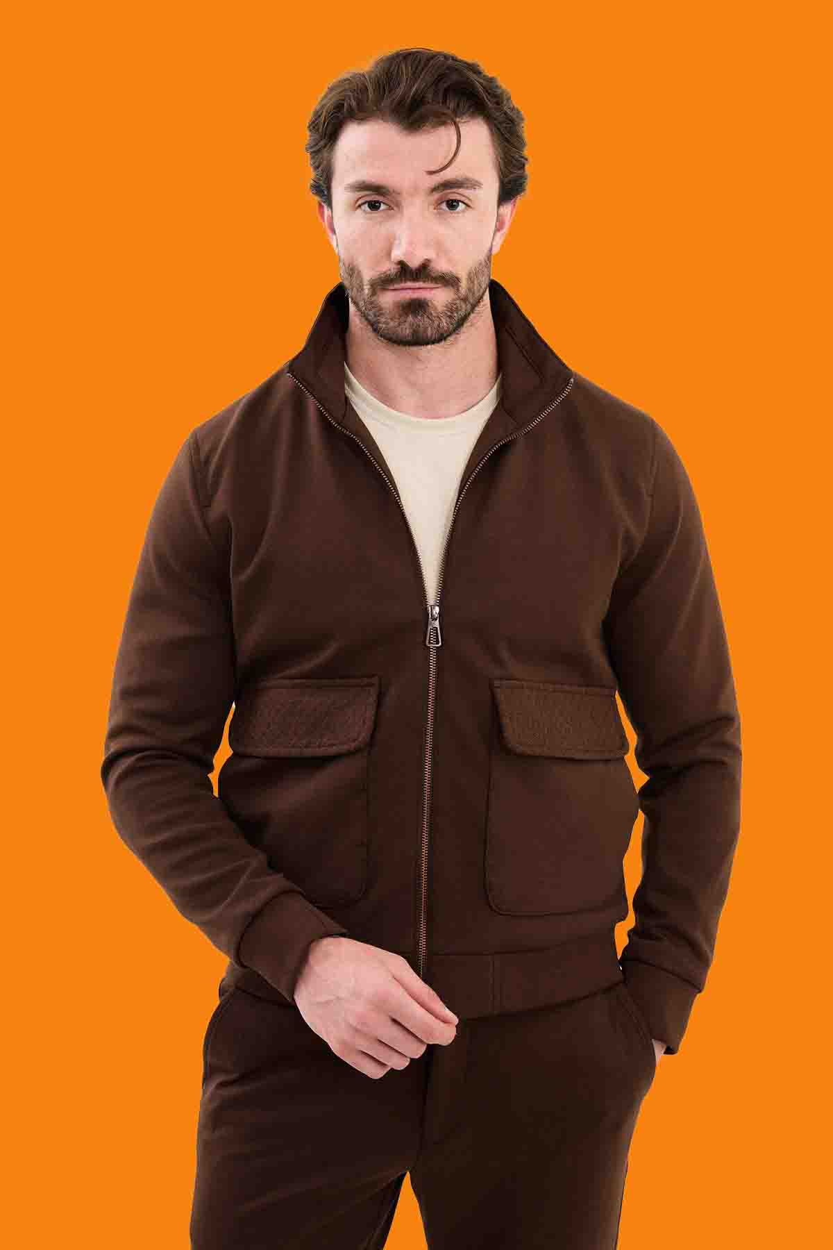 Men's Brown Knitwear Slim Fit Zip-Up Cardigan