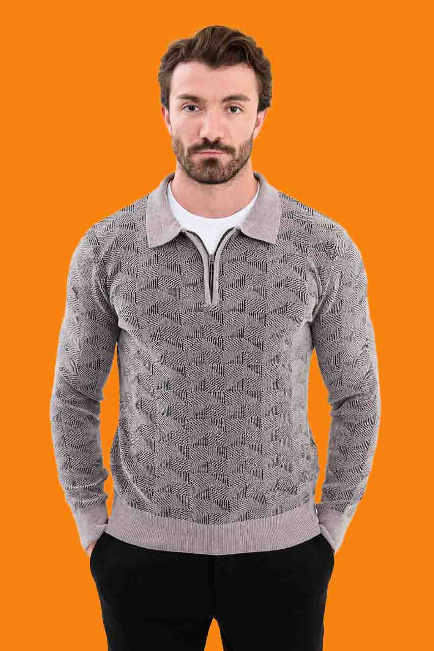 Men's Gray Slim Fit Knit Half-Zip Polo Sweater