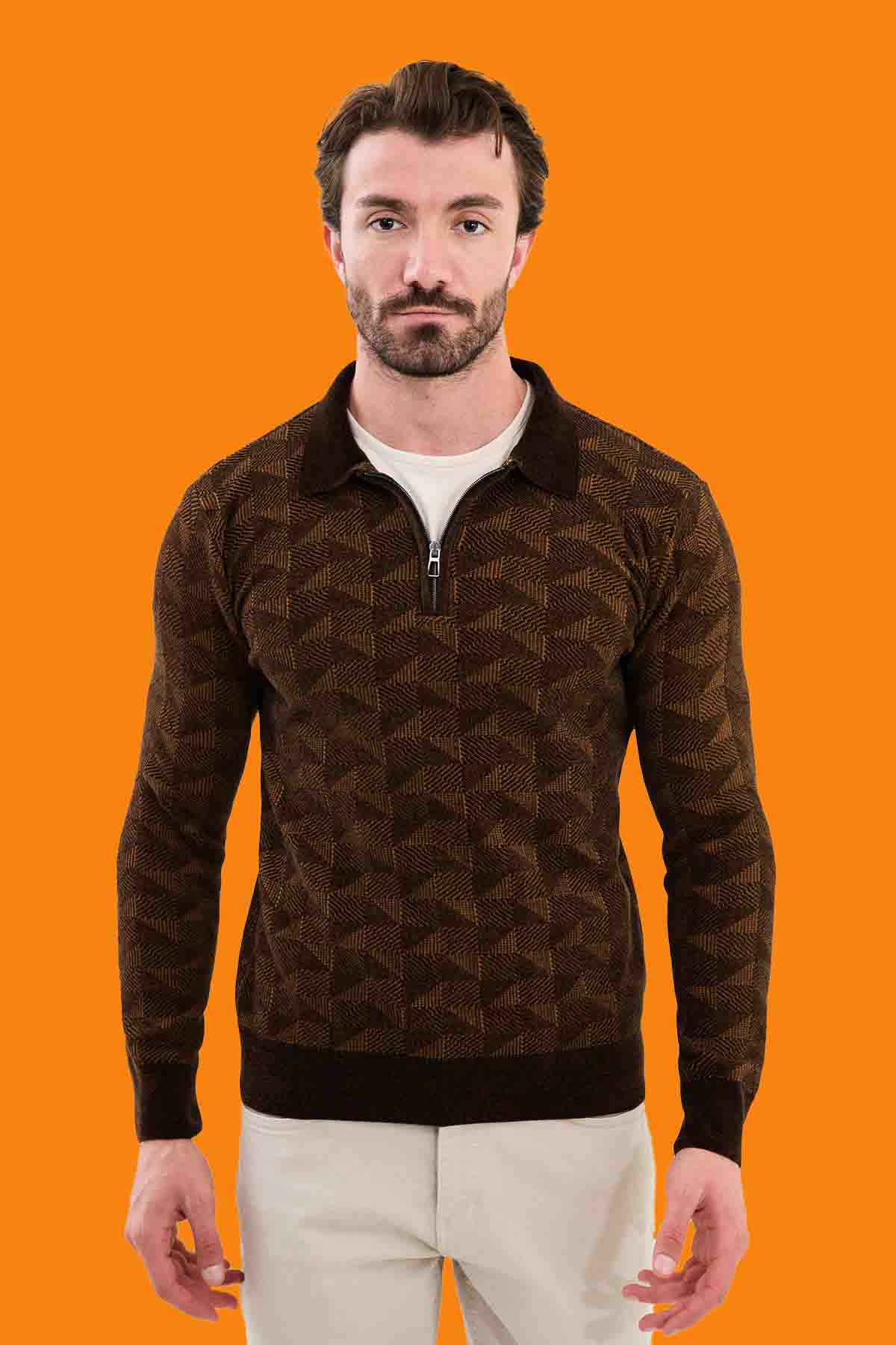 Men's Brown Slim Fit Knit Half-Zip Polo Sweater