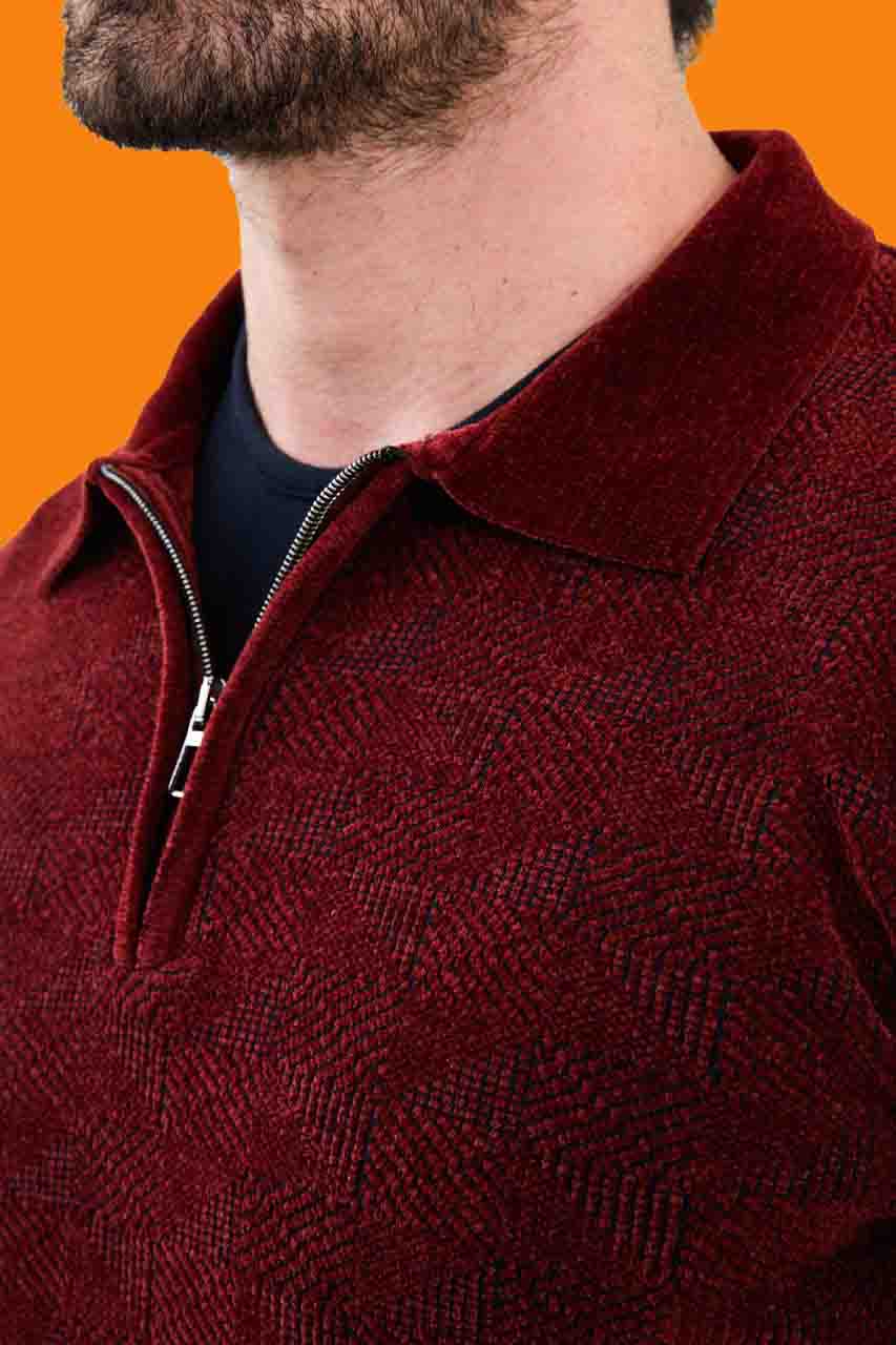 Men's Burgundy Slim Fit Quarter-Zip Knit Polo Sweater