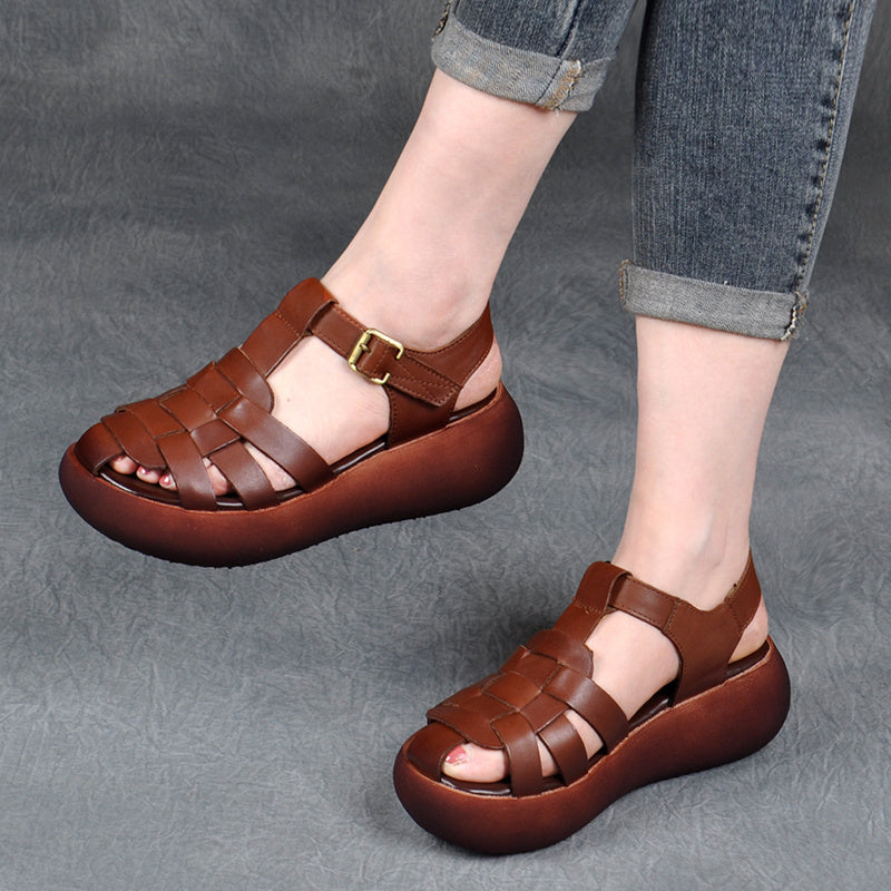 Leather Hollow Woven High Heel Platform Hollow Toe-toe Trifle Roman Sandals