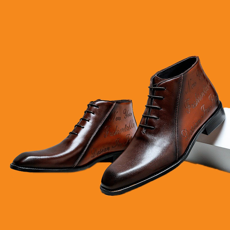 Brown leather shoes with detailed text on an orange background