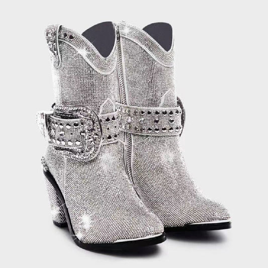 Women’s Silver Chunky Heel Fashion Catwalk Boots