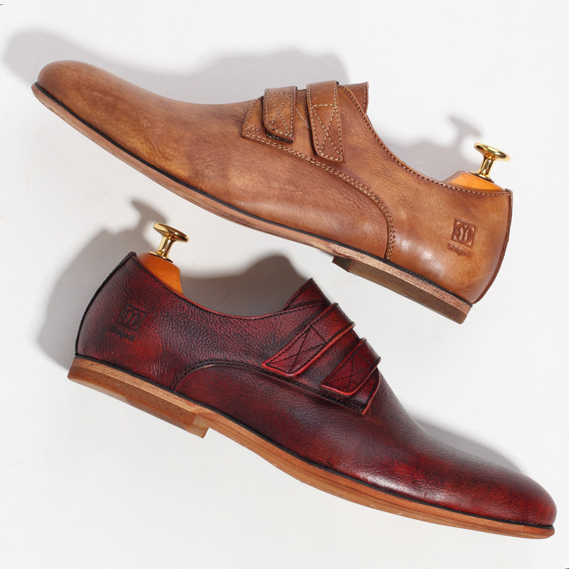 Handmade Vintage Men's Leather Shoes, Wine Red/Yellow