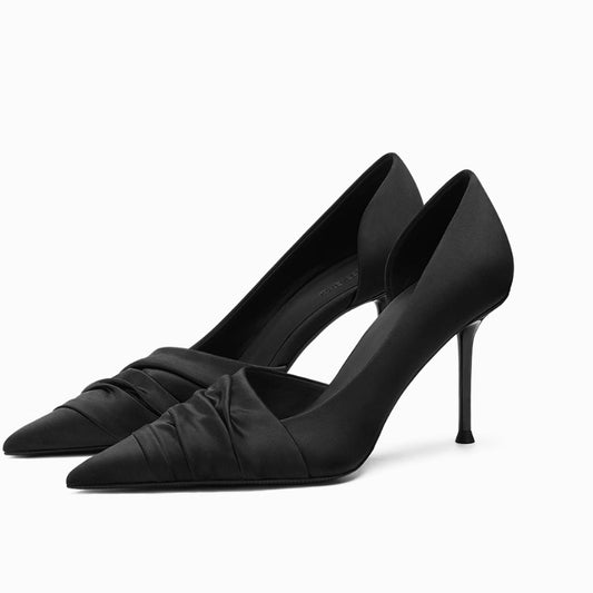 Black Satin Hollow Out Stiletto Heels - Casual Style