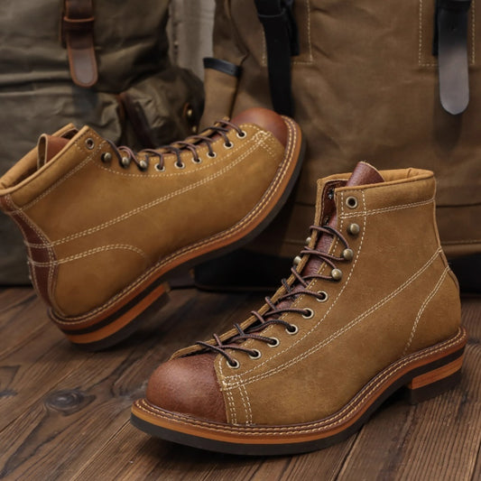 Retro Color Block Cowhide High-top Ankle Boots