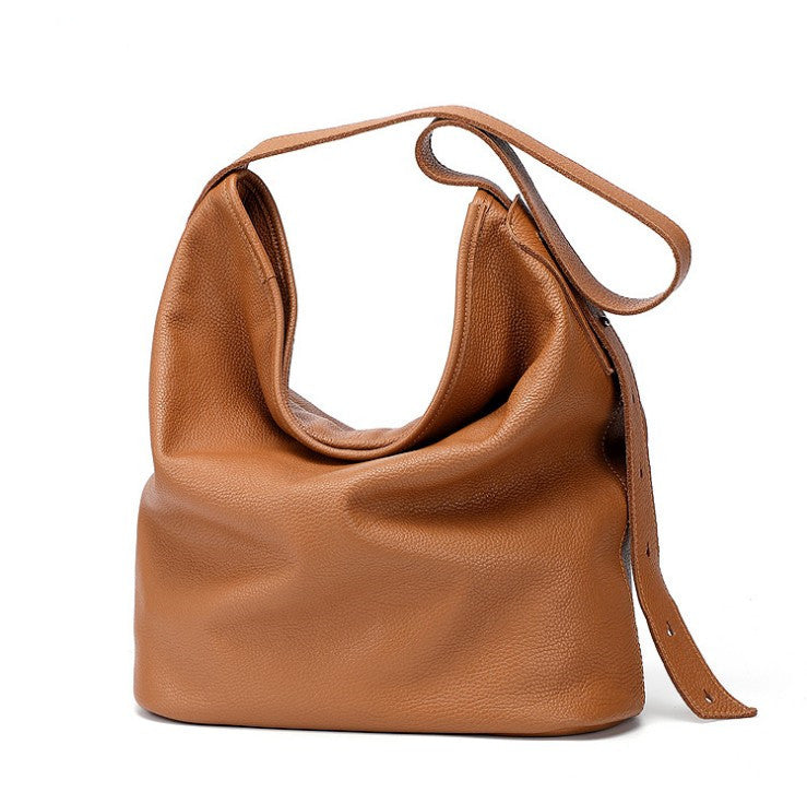 Large First Layer Cowhide Leather Bucket Bag - Black Khaki