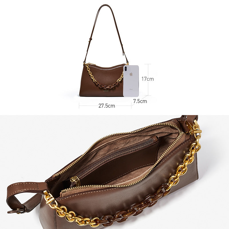 Women's French Baguette Leather Shoulder Bag - Beige Tones