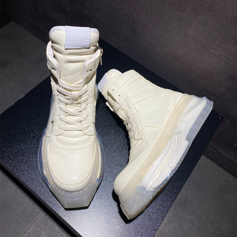Men's White Leather High Top Sneakers, Rubber Sole