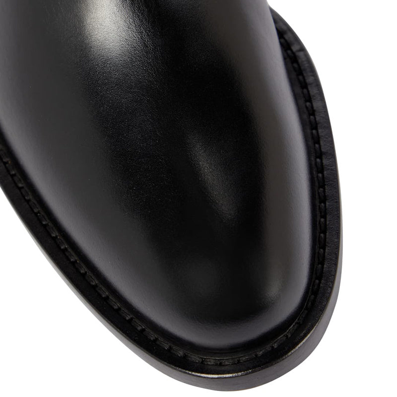 Women's Large Size Black Leather Low Heel High Boots