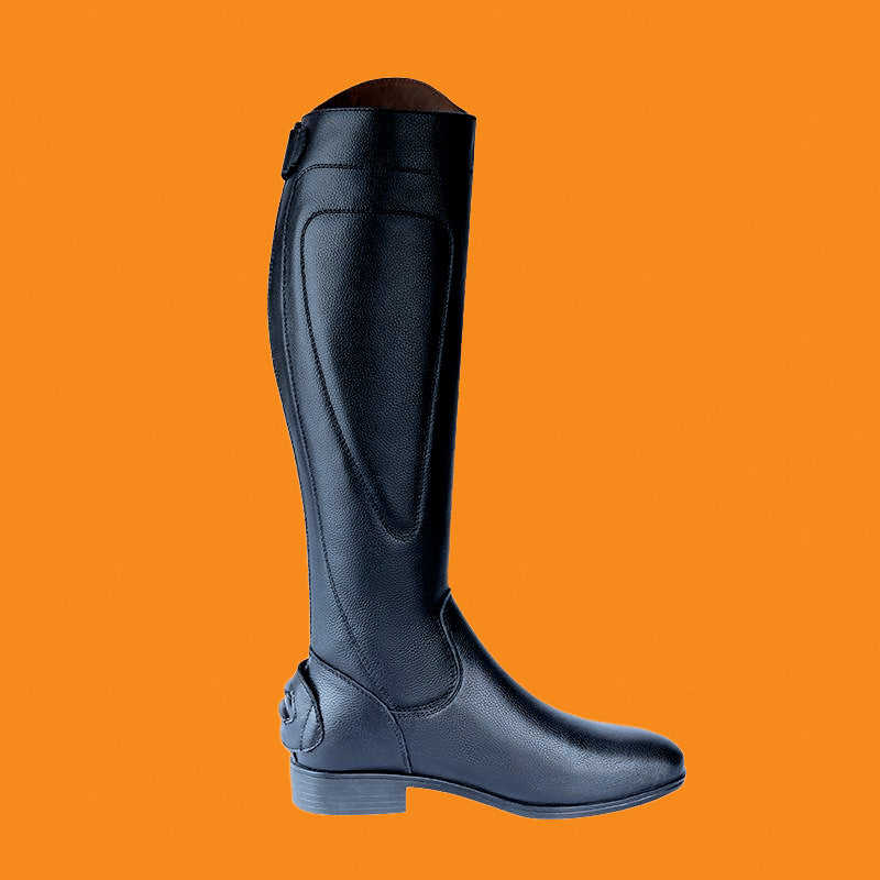 Black riding boot on an orange background
