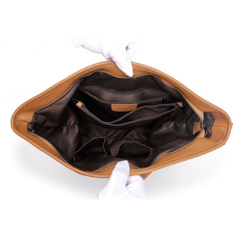 Large First Layer Cowhide Leather Bucket Bag - Black Khaki