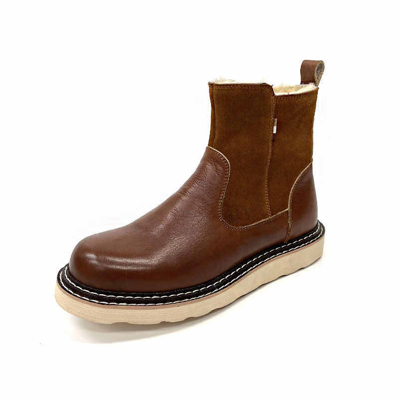 Men's Leather Sheepskin Fur Snow Boots - Zippered Flat