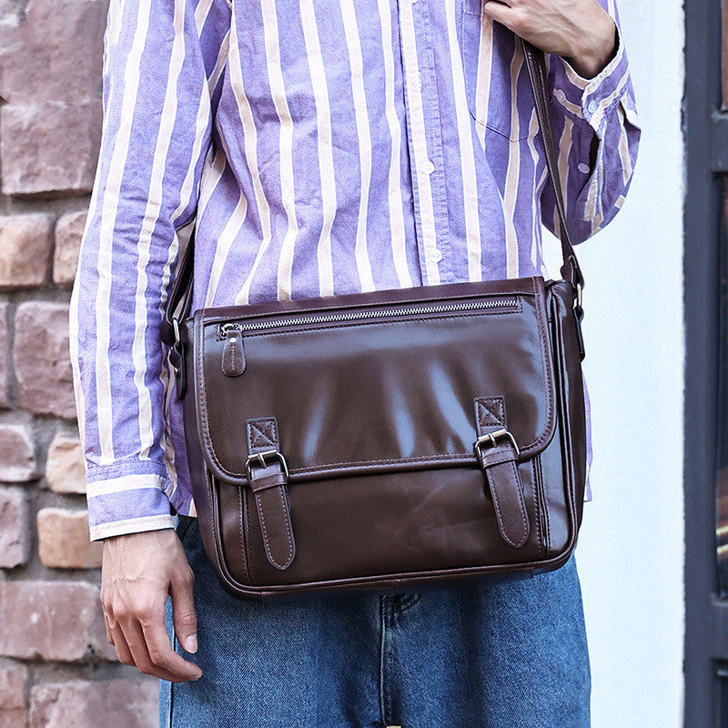 Men's Coffee Head Layer Cowhide Crossbody Shoulder Bag