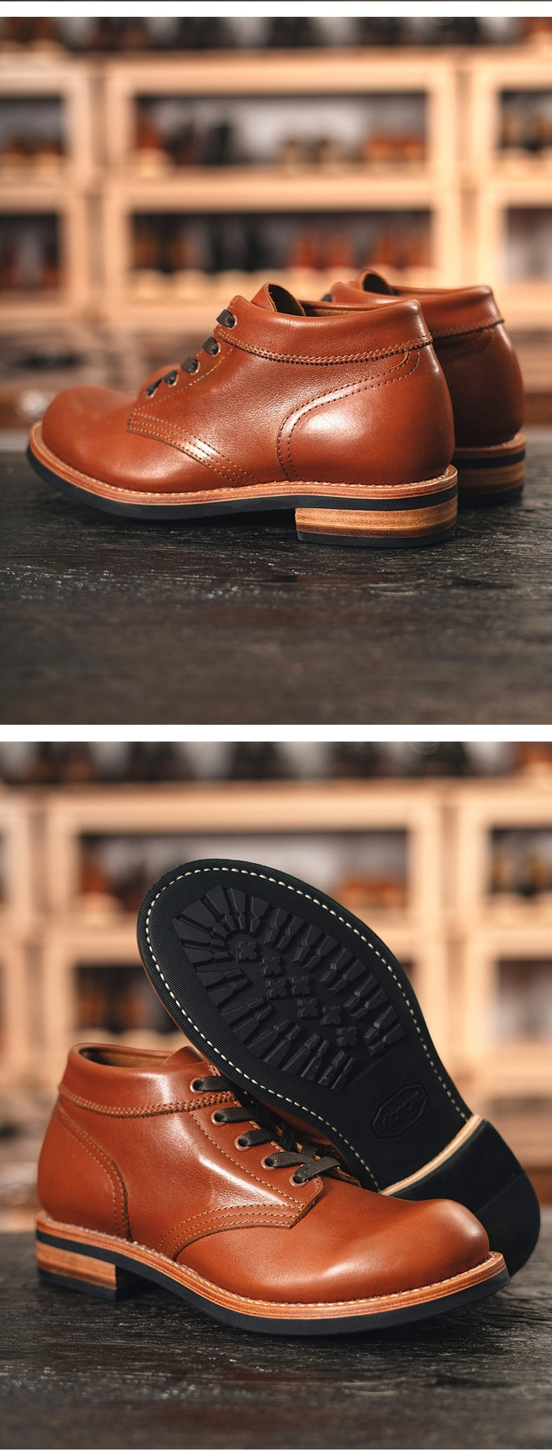 Men's Leather Low-Top Round Toe Tooling Casual Boots